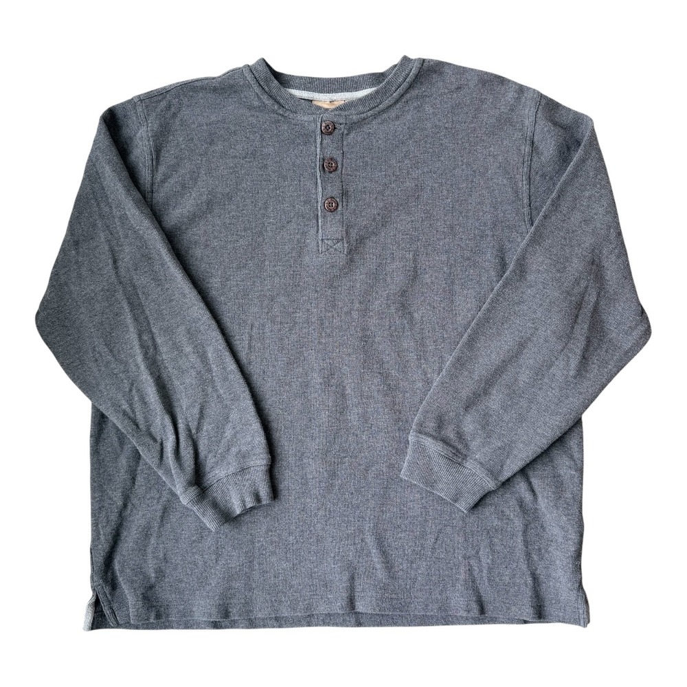 L.L.Bean Mens Henley Thermal Shirt Large Y2K Waffle Knit Charcoal VTG Heritage‎
